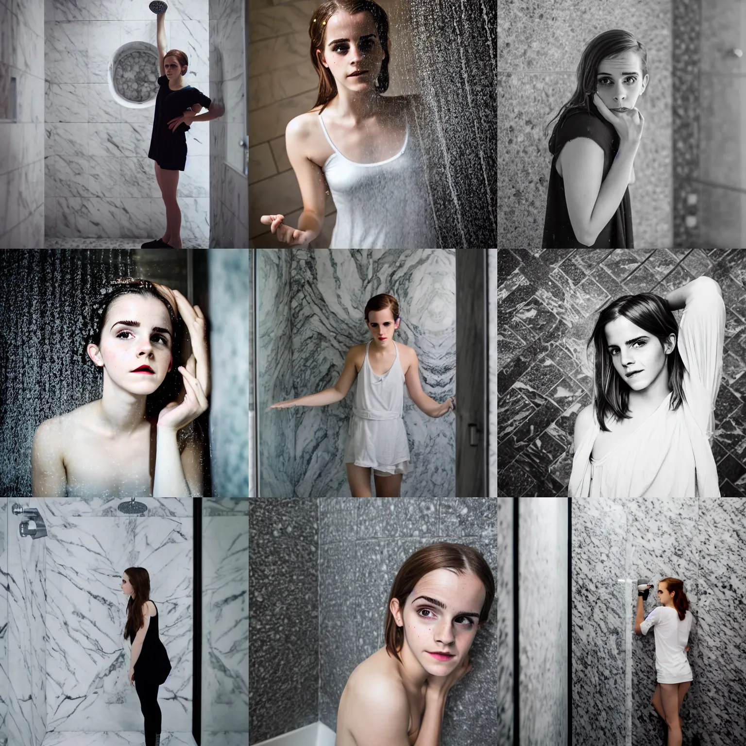 Prompt: photo of being emma watson in marble shower in the style of oxana gromova taken with sigma 2 0 mm f 1. 4, high resolution,