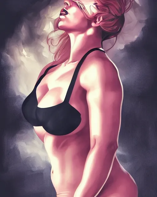 Prompt: upper body portrait of a > > > gorgeous < < < woman, bbw, muscular. provocatively dressed. pop art, black oil bath. in the style of charlie bowater, ayama kojima.