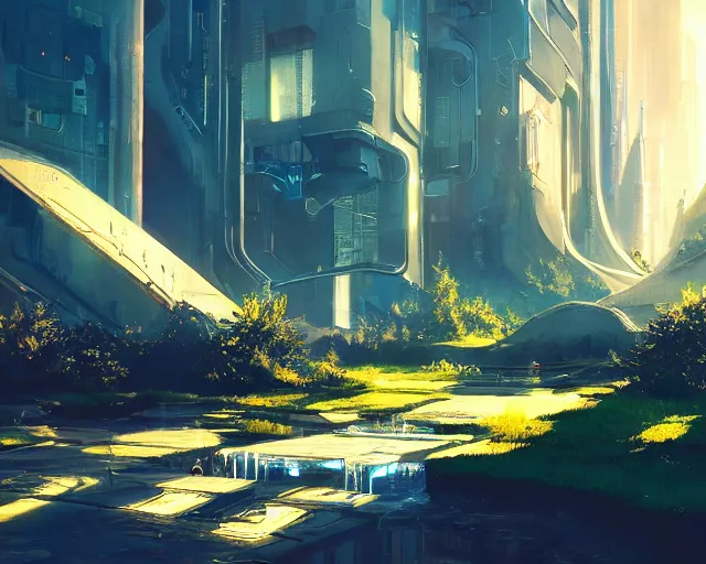 Image similar to scenery artwork, scene beautiful, light!! light essential futuristic city world and nature vegetation with daylight, surrealism oil on canvas, artstation!! pixiv!! dream scenery, quality astral projection render, nier automata concept art, vaporwave textures