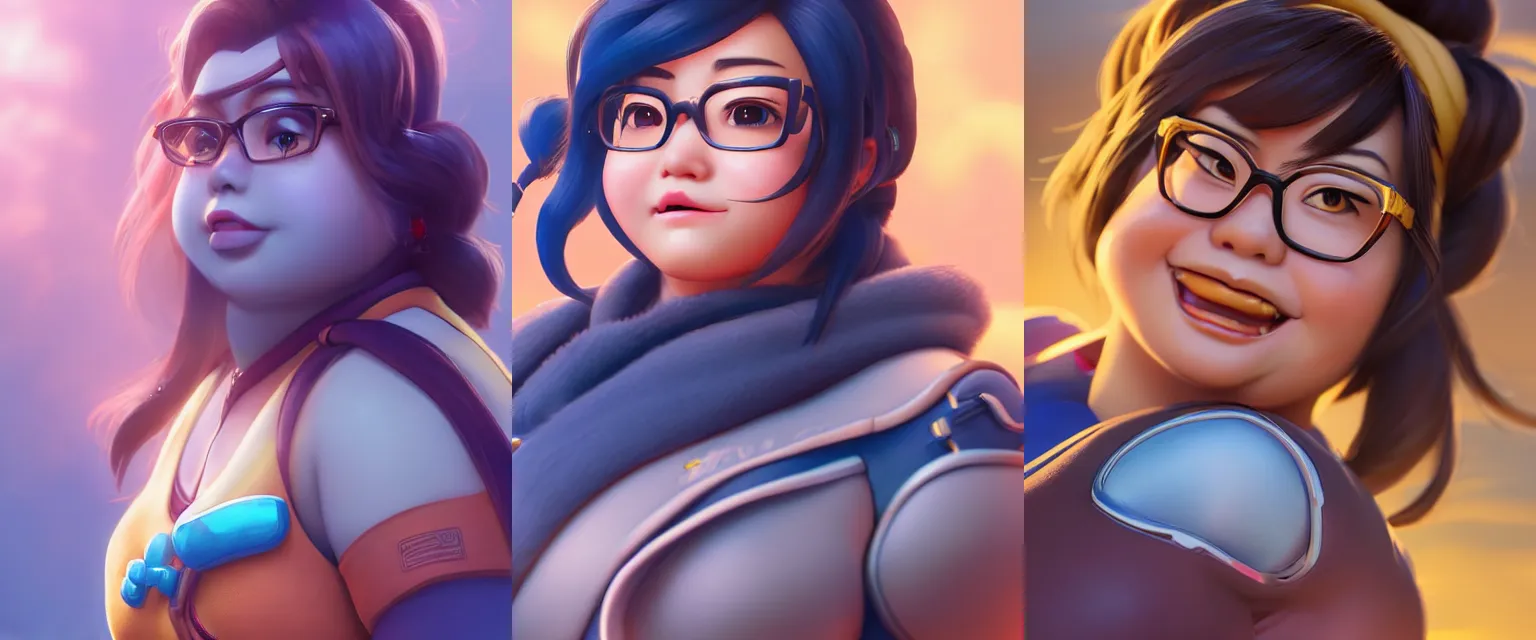 Prompt: hyperdetailed waist-up portrait of mei from overwatch as a disney pixar character, hd texture, beautiful 3D render, 8k, octane render, soft lighting, hyperrealistic, sharp focus, golden hour, specularity, reflections, Mei-Ling Zhou, chubby