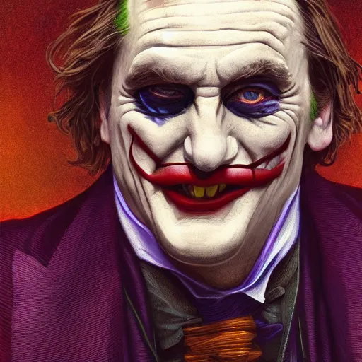 Image similar to [Gerard Depardieu as the Joker as president of France!, closeup, D&D, intricate, elegant, highly detailed, digital painting, artstation, concept art, matte, sharp focus, illustration, art by Artgerm and Greg Rutkowski and Alphonse Mucha]