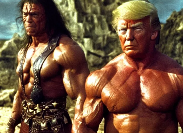 Image similar to still of muscular donald trump in conan the barbarian directed by frank frazetta, high resolution