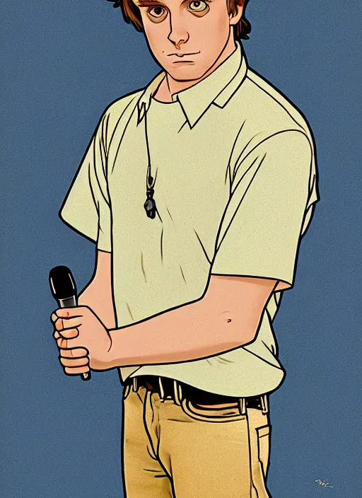 Prompt: art nouveau portrait of geoff rickly with short light brown straw blond hair, light blue eyes, sad expression, scared, head down, shy and demure, jeans and black t - shirt, holding a microphone, natural lighting, path traced, highly detailed, high quality, cartoon, digital painting, by don bluth and ross tran and studio ghibli and alphonse mucha