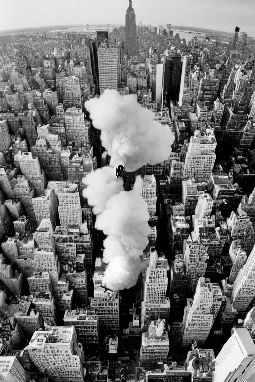 Image similar to !dream a man jumping from a building exploding in New York, explosion aerial view