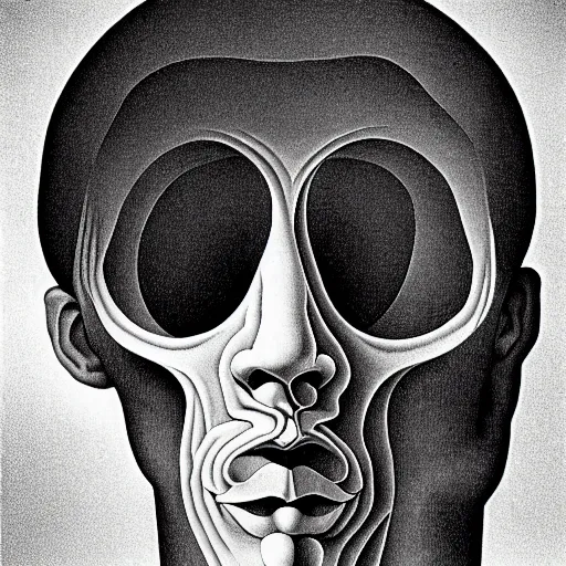 Image similar to impossible inside - out portrait of hollow man by m. c. escher