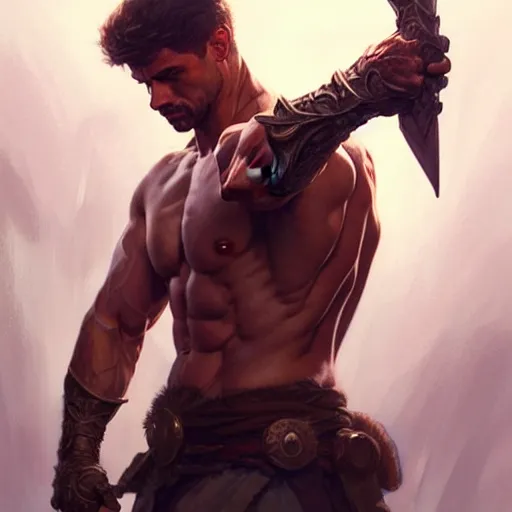 Image similar to male fighter, muscular upper body, D&D, fantasy, intricate, elegant, highly detailed, digital painting, artstation, concept art, smooth, sharp focus, illustration, art by artgerm and greg rutkowski and alphonse mucha