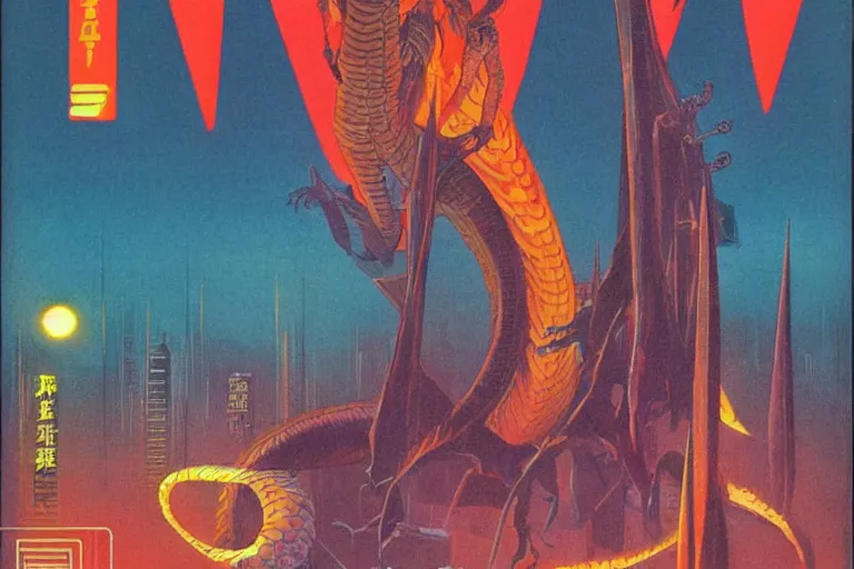 Prompt: 1979 OMNI Magazine Cover of a humid dragon mage in neo-tokyo style by Vincent Di Fate