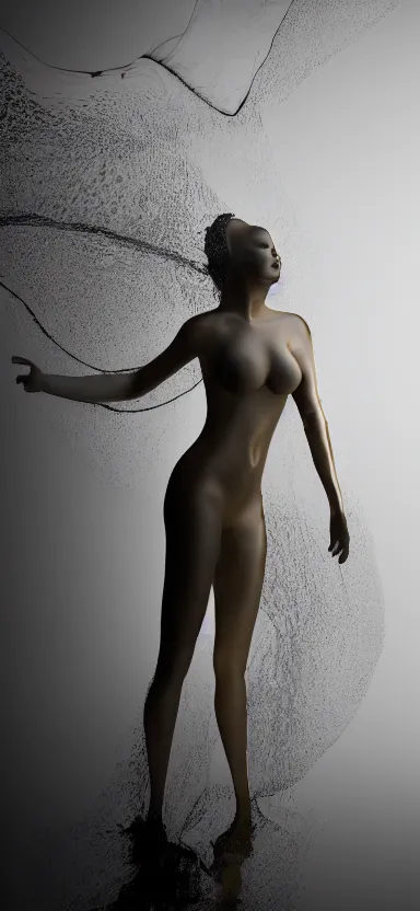 Image similar to film still, perfect female body silhouette, liquid sculpture, astral clockwork, golden sheer curtains flowing in wind, photorealism, beautiful portrait, white and black latex mixture, black ink, body acts photography, abstract art, concept art, matte painting, bokeh lights, one point light, elegant, weta fx, weta digital, artstation, holographic colors