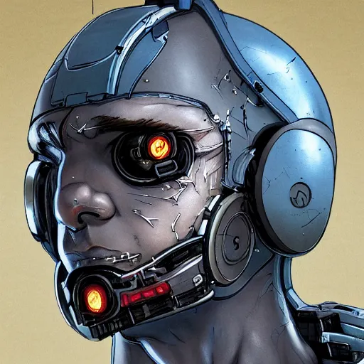 Prompt: Male cyborg, battle-damaged, scarred, wearing facemask, youthful face, neutral expression, blue eyes, neutral background, headshot, sci-fi, wires, cables, gadgets, Digital art, detailed, anime, artist Katsuhiro Otomo