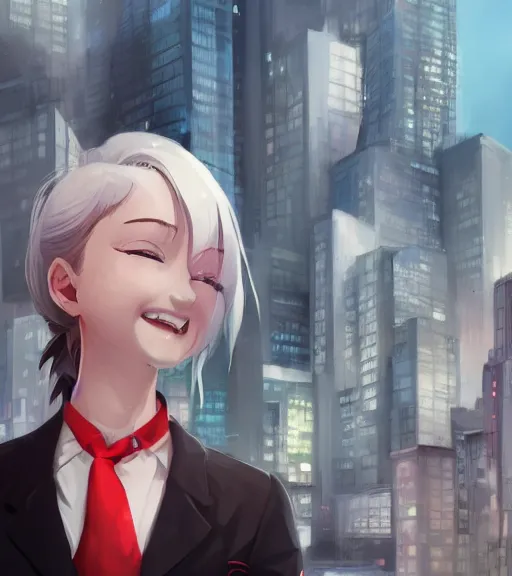 Prompt: a girl in a business, close up, sharp focus, red necktie, grey hair, smiling, city background, digital painting, by tran ross and jordan grimmer and greg rutkowski, anime art, artstation, hd, smooth,