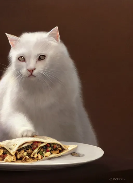 Image similar to a whimsical portrait of a cute white cat eating a burrito by Greg Rutkowski, Sung Choi, Mitchell Mohrhauser, Maciej Kuciara, Johnson Ting, Maxim Verehin, Peter Konig, final fantasy, Marco lense, photorealistic 8k, cinematic lighting, HD, high detail, atmospheric, trending on artstation