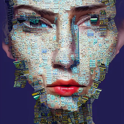 Image similar to A womans face made out of rendering glitches and Microsoft Windows error alerts, by Sandra Chevrier.