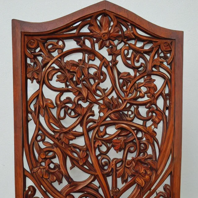 Image similar to a 3 d wooden mahogany art nouveau carved sculpture of a delicate tracery pattern, intricate and highly detailed, well - lit, ornate, realistic, polished with visible wood grain