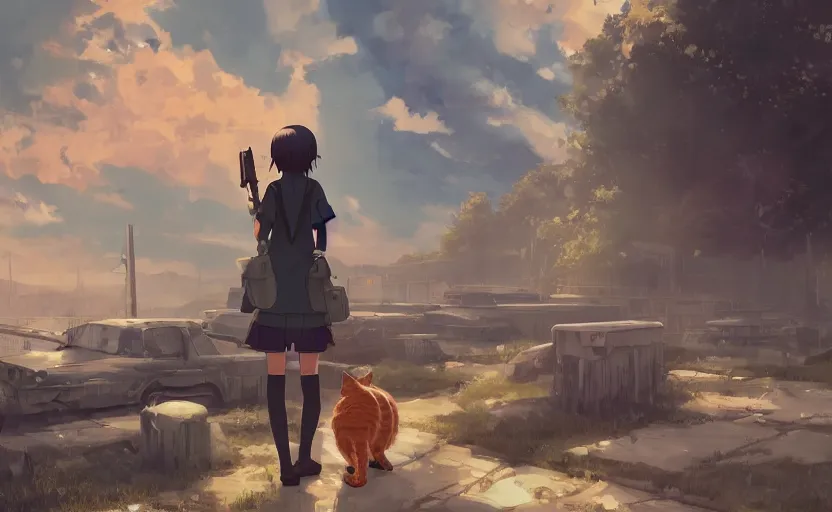 Image similar to a girl in her school uniform holding a shotgun with a cat next to her, epic apocalyptic scenery, an anime scene illustrated by Makoto Shinkai, digital art, 4k ultra