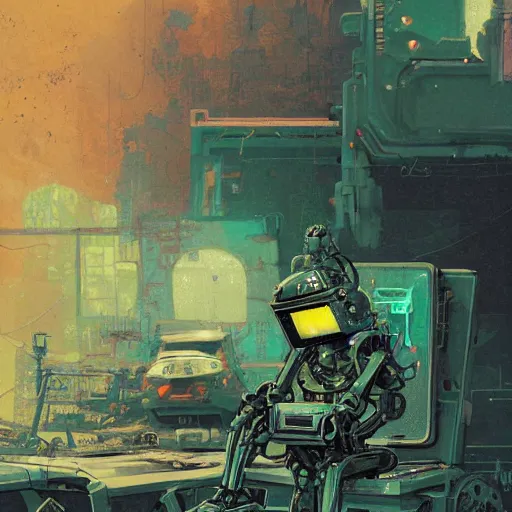 Image similar to A robot sitting alone in a junkyard + black layered paper + end of the world theme + elements + dark blue and green tones + neon + baroque + rococco + white + ink + marc simonetti, craig mullins, peter mohrbacher, michael whelan, detailed, intricate ink illustration, cinematic, mucha