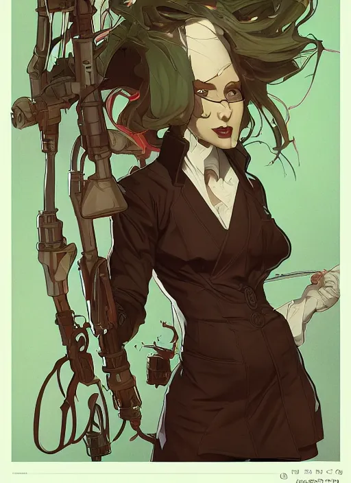 Image similar to a full body character design by artgerm, cushart krenz, greg rutkowski and alphonse mucha. mad scientist woman lab coat!! green plasma laser gun!! bold outline sharp edges. ultra clear detailed. 8 k. ultra detailed, elegant, intricate, octane render.