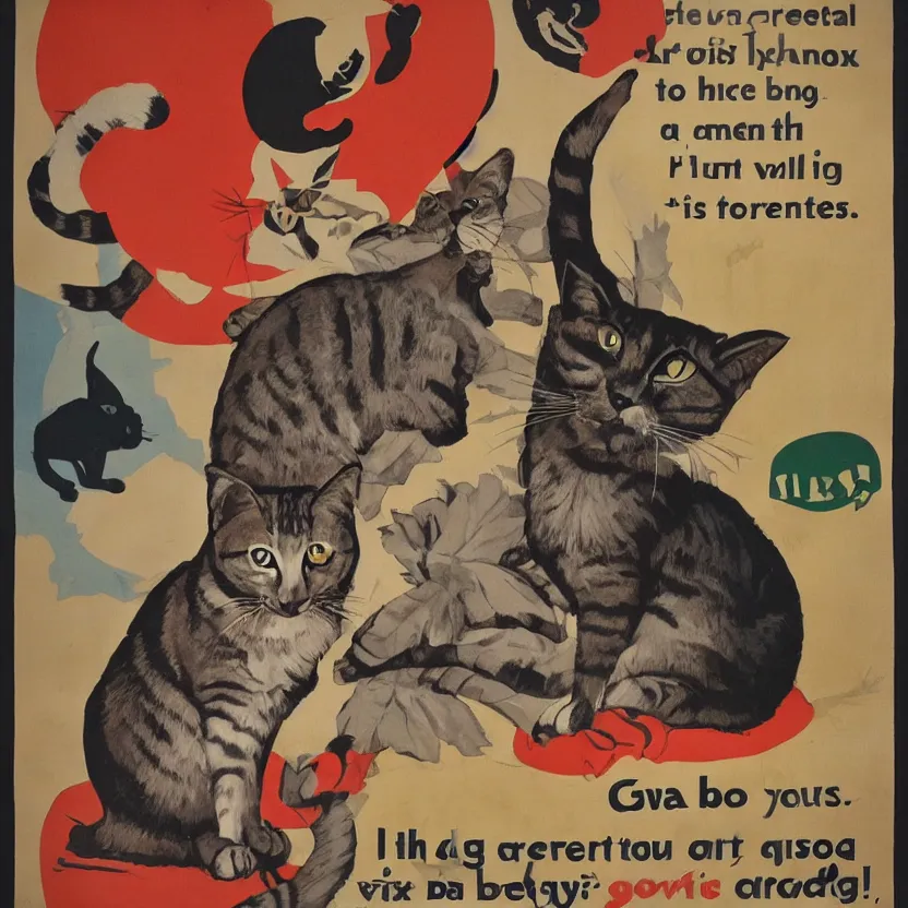 Image similar to propaganda poster with a cat as the centerpiece