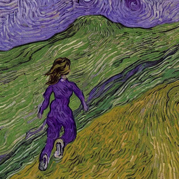 Prompt: woman with brown hair running up a hill, purple colors, painting by van gogh