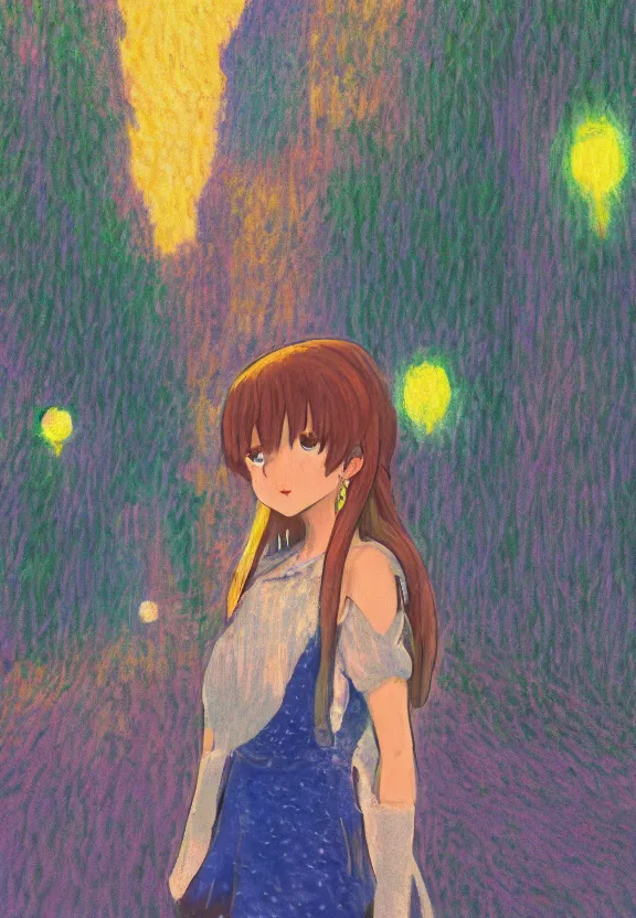 Image similar to wide angle portrait of a teenage girl, a thrifty outfit, somewhat of an anime in impressionist style, city street view background, starlit night sky, trending artwork, illustrated in anime painter studio, by claude monet