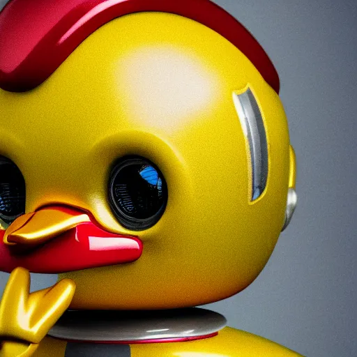 Prompt: closeup portrait of tin toy retro robot yellow duck, depth of field, red zeiss lens, detailed, centered, fashion photoshoot, by nicoletta ceccoli, mark ryden, lostfish, extremely detailed, artistic, hyperrealistic, octane render