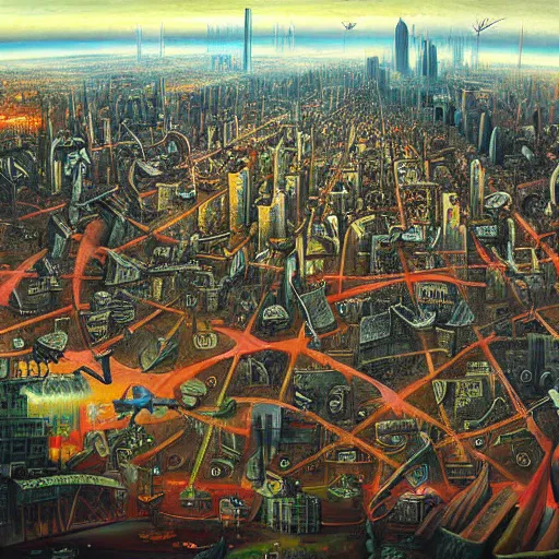 Image similar to a fantastic complex detailed painting of a chaotic city by Heironymous Bosch