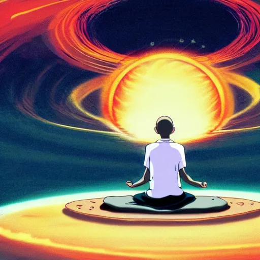 Prompt: illustration of a levitating monk meditating within the centre of a giant swirling atom, studio ghibli, ultra hd