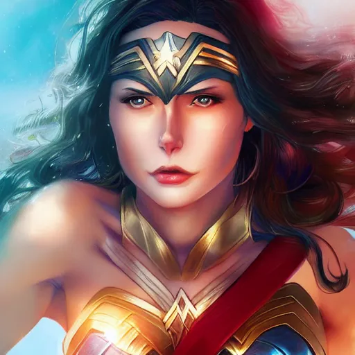 Image similar to A realistic anime wonder woman, digital painting, by WLOP and Rossdraws, digital painting, trending on ArtStation, deviantart