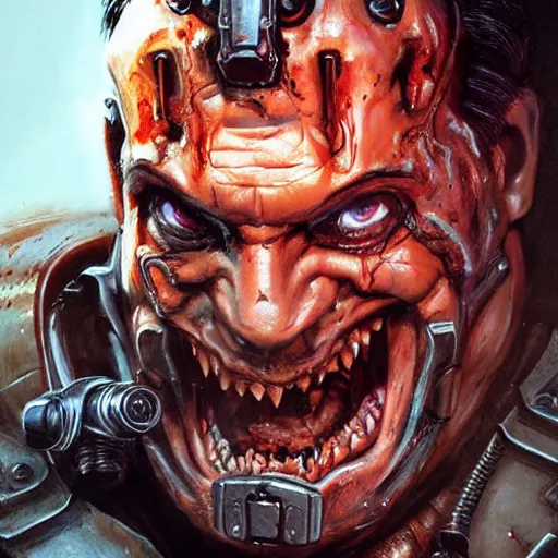 Prompt: 'Doom II, Doom guy' mixed with 'man from #EvilDead movie Ash Williams, 'Groovy'', intricate, cinematic lighting, highly detailed, digital painting, artstation, concept art, smooth, sharp focus, illustration, art by Artgerm and Greg Rutkowski, Cgsociety