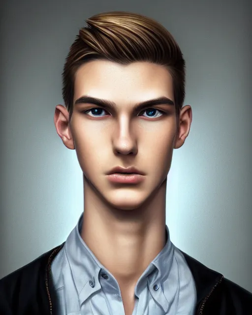 Image similar to portrait of 1 5 - year - old boy, a tall, slender boy with a pale, pointed face, sleek blond hair, and ice grey eyes, wearing in shirt, hyper realistic face, beautiful eyes, character art, art by mark brooks, hyperdetailed, cryengine, trending on artstation, digital art