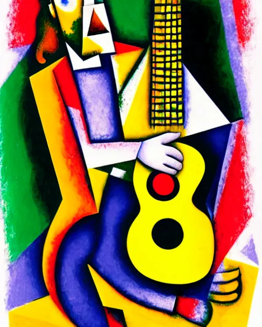 Image similar to a cubism portrait of willie nelson hugging his guitar, in the style of marc chagall, digital art, muted color