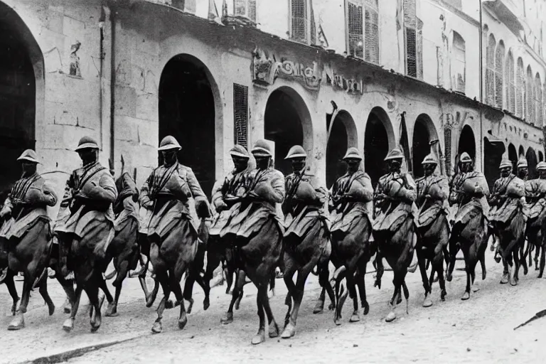 Image similar to a dozen ww 1 cavalrymen marching through italian - style city, 1 9 0 5, black and white photography