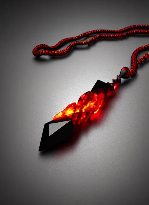 Prompt: rpg item, a black necklace with a red diamond pendant in flames, Unreal 5, DAZ, hyperrealistic, rpg style, octane render, dynamic lighting