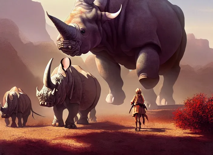 Image similar to the big large expedition with a lot of explores, warriors and adventurers, being brought by gigantic rhinos carrying stuff towards the desert of duhnes medium shot, studio ghibli animation, anime key art by craig mullins, bloom, dramatic lighting