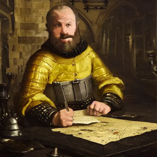 Image similar to Portrait of frustrated and acerbic male medieval sergeant with a short beard wearing a {black and yellow tabard} over a steel breastplate and a black gambeson looking at a war map on a table, by Greg Rutkowski, {perfect face}, {perfect eyes}, fantasy