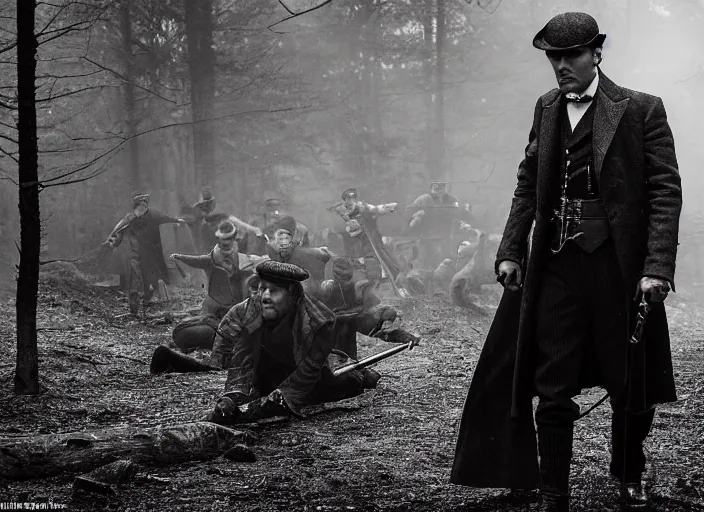 Prompt: an dramatic action scene from the movie gangs of new york, medium long shot, costumes from peaky blinders, filmed in the dark woods with a cabin in the background, starring jensen ackles and brad pit, sharp eyes, serious expressions, detailed and symmetric faces, black and white, cinematic, epic