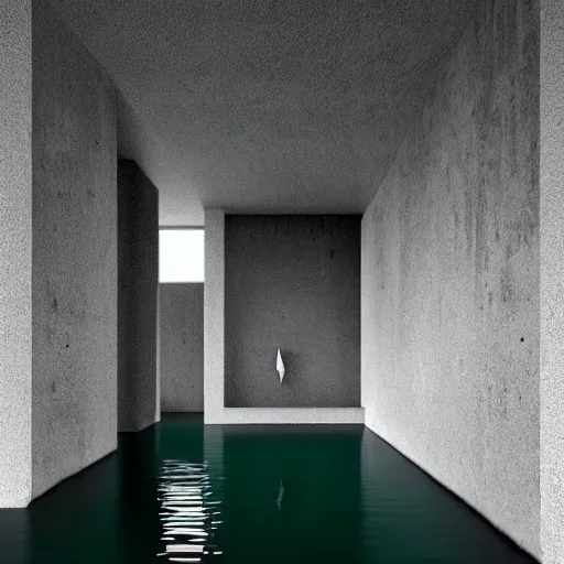 Prompt: a black and white photo of a room with green water, a detailed matte painting by peter zumthor, behance, abstract art, matte painting, behance hd, matte background