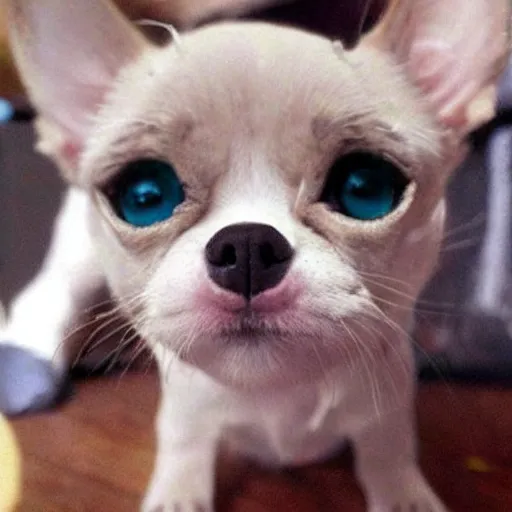 Prompt: a little dog with cat eyes