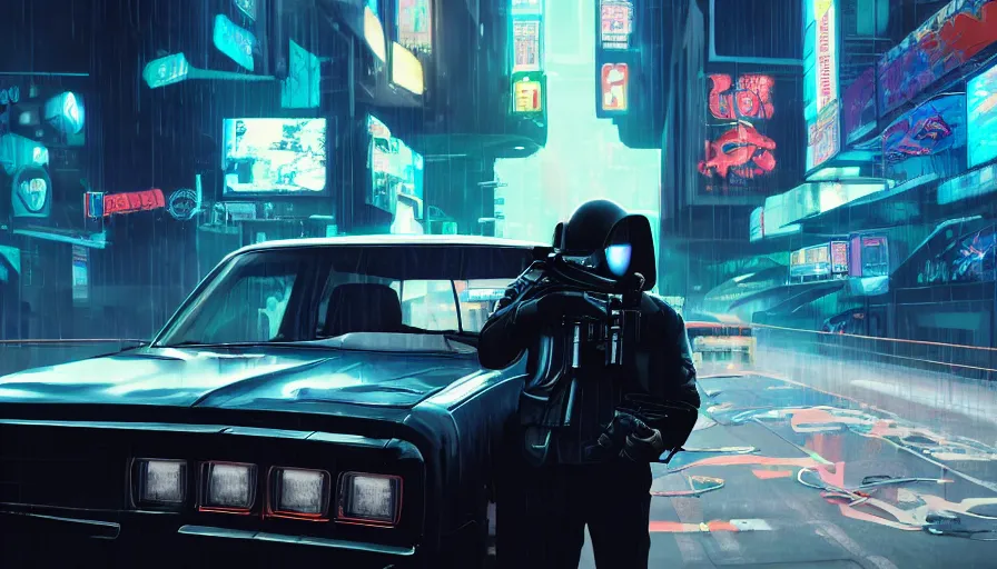 Image similar to elmo!! holding a pistol leans out of the window of a driving car in cyberpunk, digital art, rendering, hyperrealistic, photorealism