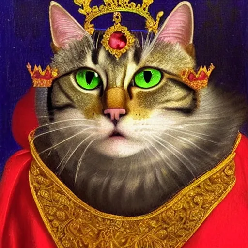 Prompt: A renaissance oil painting of a cat king with his crown and in his royal robe. Extremely detailed. Vibrant bright colours. High saturation. Extremely moody lighting. Atmospheric. Cinematic. Intricate. 8K. Stunning.