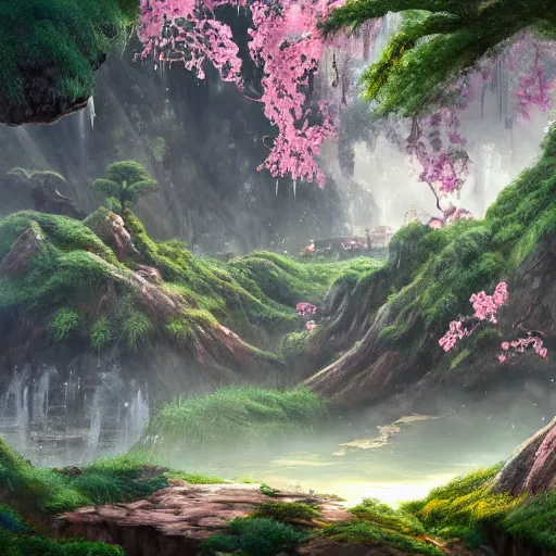 Prompt: overgrown cave, fine stalagmites in high detail, a creek, peach blossom forest, chinese village in the distance, fantasy, surreal, 8 k, unreal engine, high detail, magical, beautiful, anime style, studio ghibli