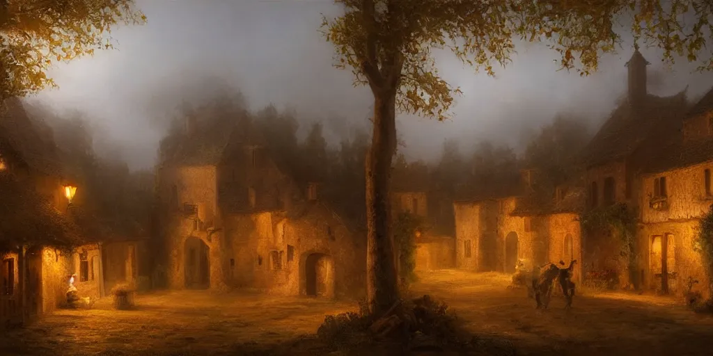 Image similar to Highly detailed and cinematic Romantic period oil painting of a medieval village, fog, volumetric lighting, an oil painting ((masterpiece)) by ((Josep Tapiró Baró)), dynamic lighting, 8K