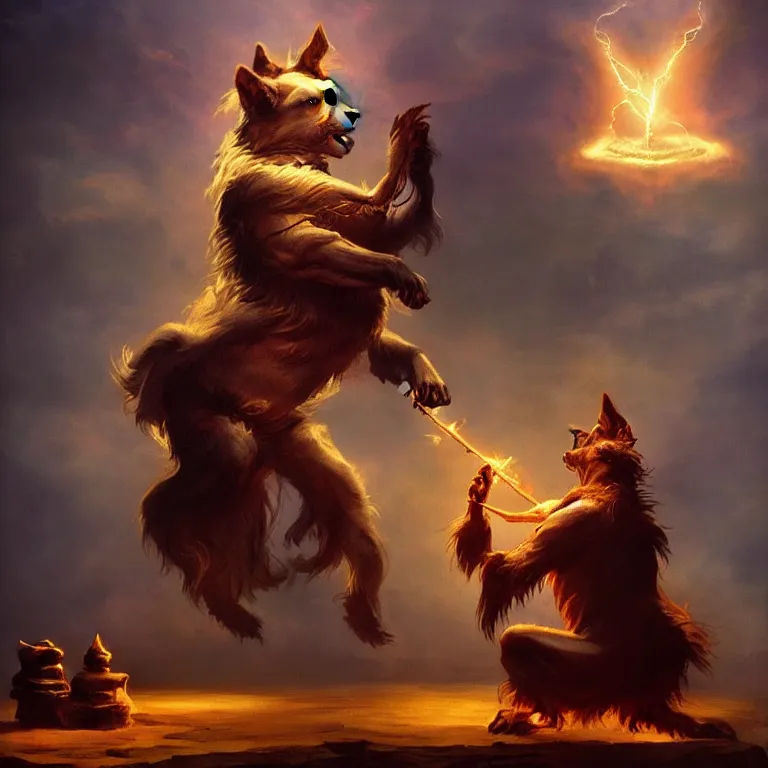 Image similar to dog wizard casting a powerful magic spell, fantasy, majestic pose, dramatic lighting, cinematic scene, frank frazetta, visually stunning, trending on artstation