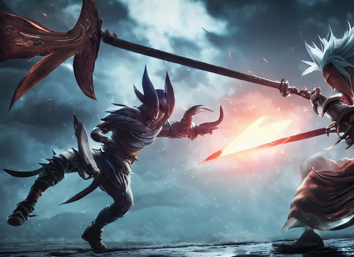 Image similar to nightbringer yasuo battling with dawnbringer riven, ultra realistic 4 k unreal engine very cinematic render with ray tracing bloom ambient occlusion strong reflections depth of field fog