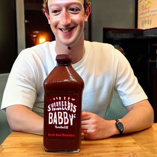 Prompt: “Mark Zuckerberg cuddling with a bottle of sweet baby rays bbq sauce”