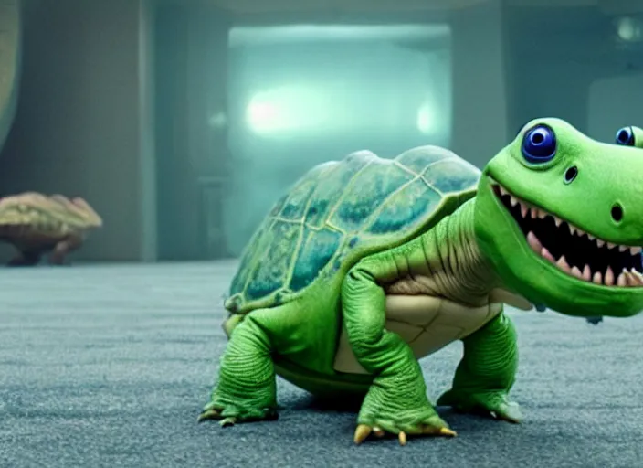 Image similar to film still of real life dinosaur turtle yoshi in the new sci - fi movie, 8 k