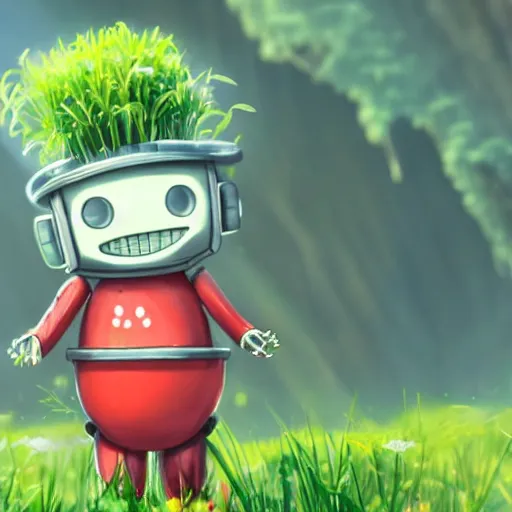 Image similar to cute little smiling robot with tomato hat and one chive in one hand, made in abyss style, standing on a forest