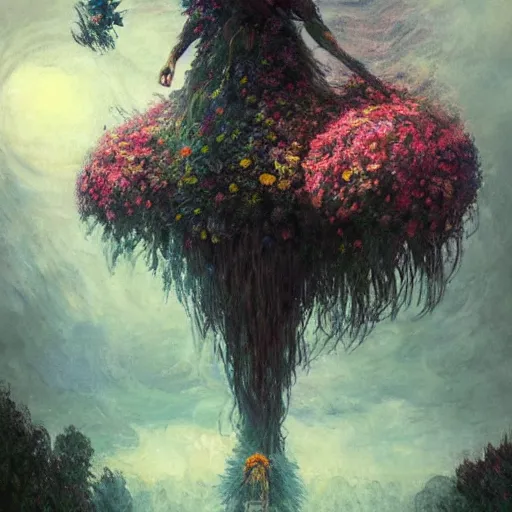 Image similar to a gigantic beautiful terrifying monster made of flowers looms over a tiny human. ethereal horror fantasy art by greg rutkowski and magali villanueve and monet