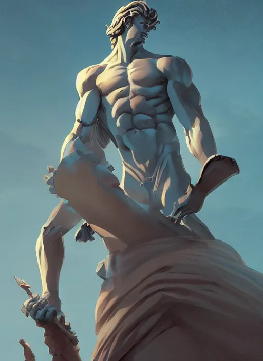 Prompt: giant greco roman statue in bardo, epic lighting, in the style of artgerm and charlie bowater and atey ghailan and mike mignola, vibrant colors and hard shadows and strong rim light, comic cover art, plain background, trending on artstation