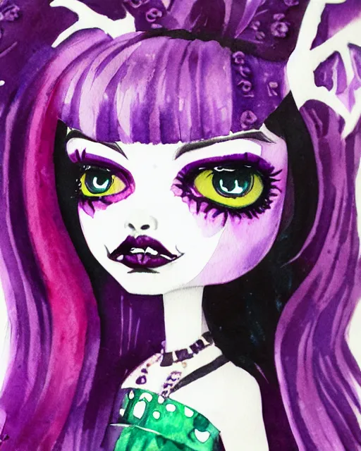 Image similar to watercolor portrait of monster high draculaura doll, by darkodordevic, blanca alvarez, liu yi, watercolor