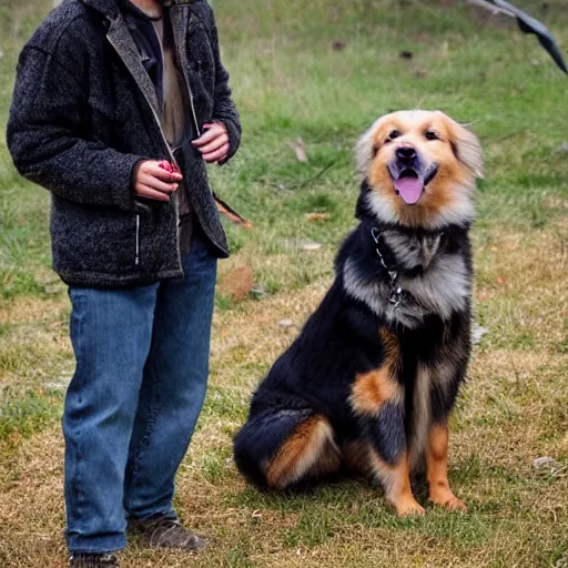 Image similar to photo of hillbilly with long blonde hair and his australian shepherd dog around a bonfire, gray and black dog coat, symmetric face